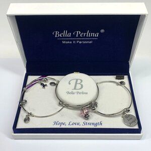 Bella Perlina Hope, Love, Strength Breast Cancer Silver Charm Bangle Trio Set